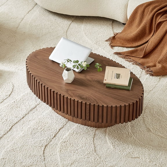 Modern Handcraft Drum Coffee Table Length 43.7 inch Ellipse Coffee Table for Living Room,Oval Small Coffee Table with Sturdy Pedestal,Walnut MDF