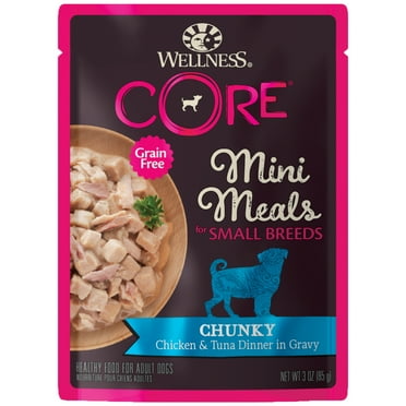 Wellness CORE Natural Grain Free Small Breed Mini Meals Wet Dog Food, Chunky Chicken & Tuna Dinner in Gravy, 3-Ounce Pouch (Pack of 12)