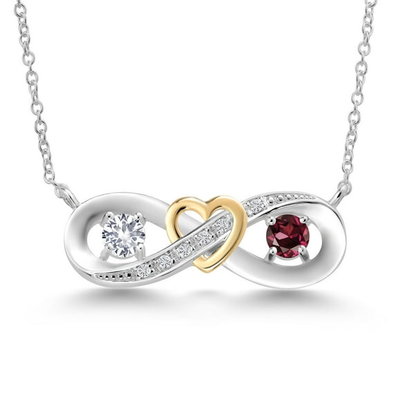 0.68 Ct White Created Sapphire Red Rhodolite Garnet 925 Silver and 10K Yellow Gold Two-Tone Heart Interlocking Infinity Symbol Lab Grown Diamond Pendant Necklace for Women with 18 inch Chain
