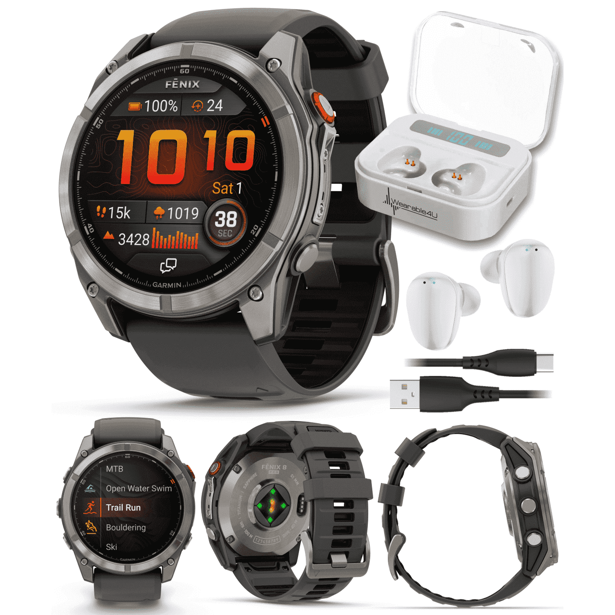 Garmin Fenix 8 Pro - 51mm AMOLED Sapphire Premium Connected Multisport GPS Smartwatch, inReach, Titanium & Graphite/Black Silicone Band w/ Wearable4U White Earbuds Bundle