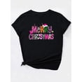 thumbnail image 3 of Camiseta de verano para mujer con Cuello RedondoWomen'S Christmas T-Shirt, Colorful Letter Print, Casual Fashion Round Neck Short Sleeve Tee, Polyester, Spring/Summer/Autumn, Knit Fabric, BlackFathe, 3 of 8