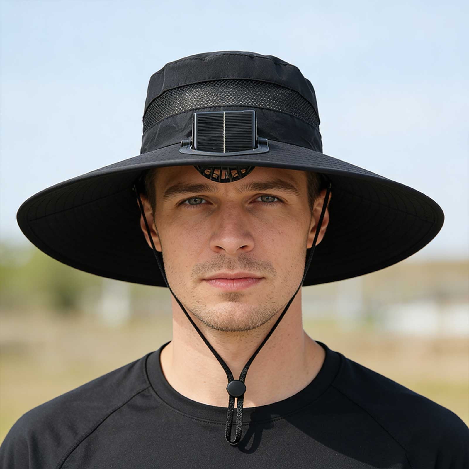 Gallickan Solar USB Charging Fisherman Hat Wide Brim Mesh Sun Hat with Fan for Men Women Outdoor Fishing Hat Black