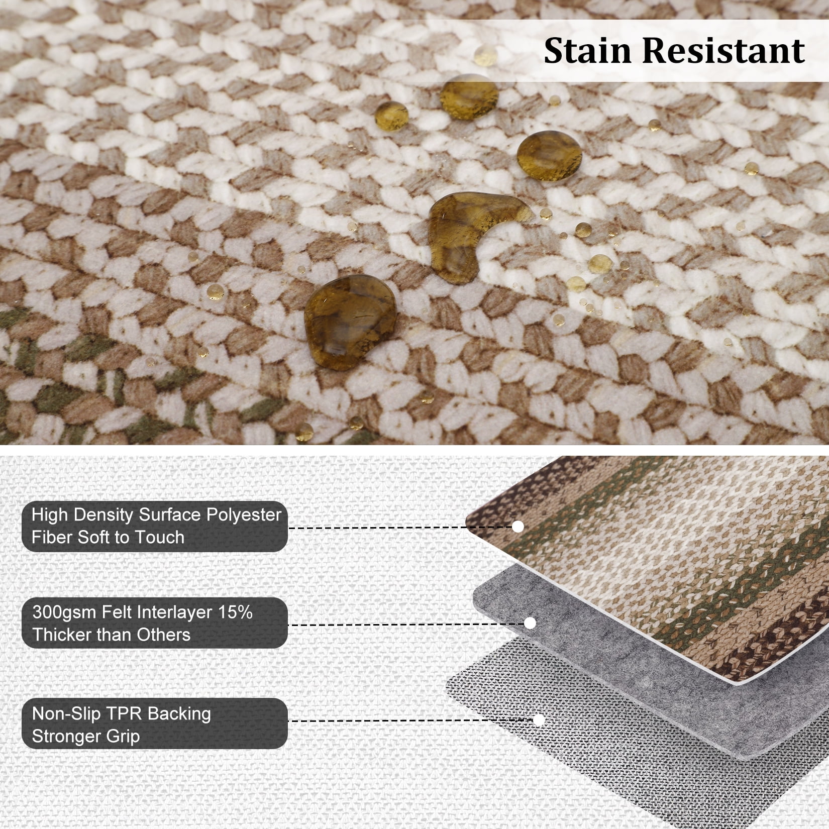 HOMERRY Area Rug 3' x 5' Rugs for Living Room Modern Washable Indoor Braided Print Border Carpet, Brown/Green