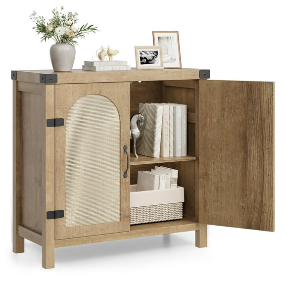 Sideboard Buffet Cabinet with Storage,Rattan Accent Credenza with Doors & Shelves,Wood Coffee Bar Console Table Farmhouse Storage Cabinet for Living Room,Dining Room,Kitchen or Entryway