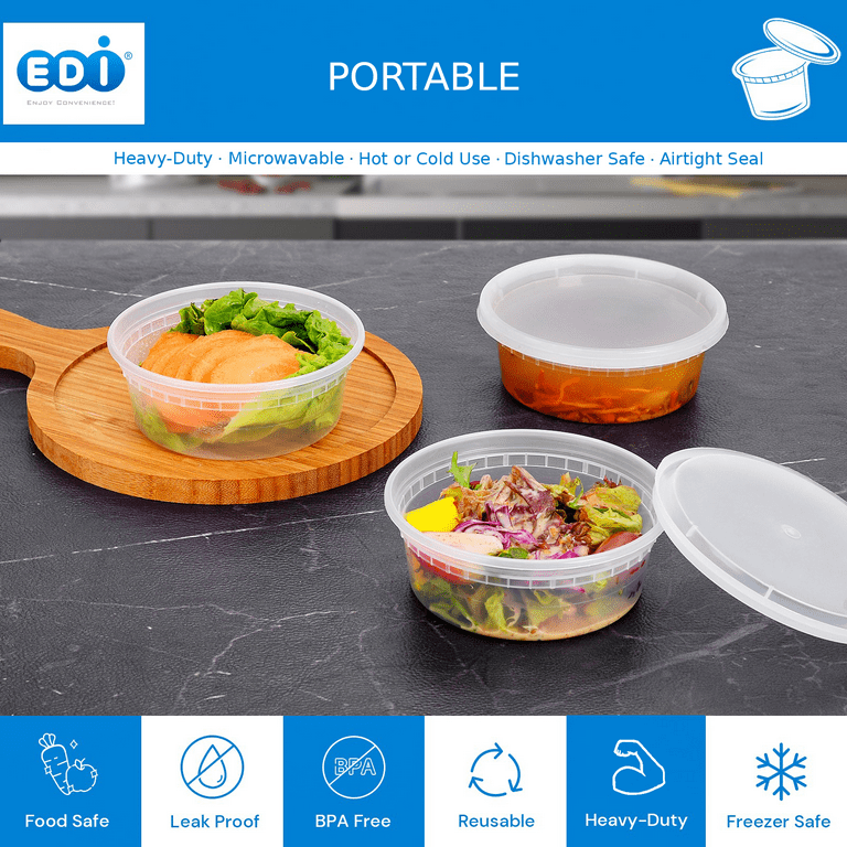 EDI-Round Deli Containers (24 oz, 50)] Plastic Deli Food Storage Containers  with Airtight Lids, Microwave-, Freezer and Dishwasher-Safe, BPA Free, Heavy-Duty, Meal Prep, Leakproof