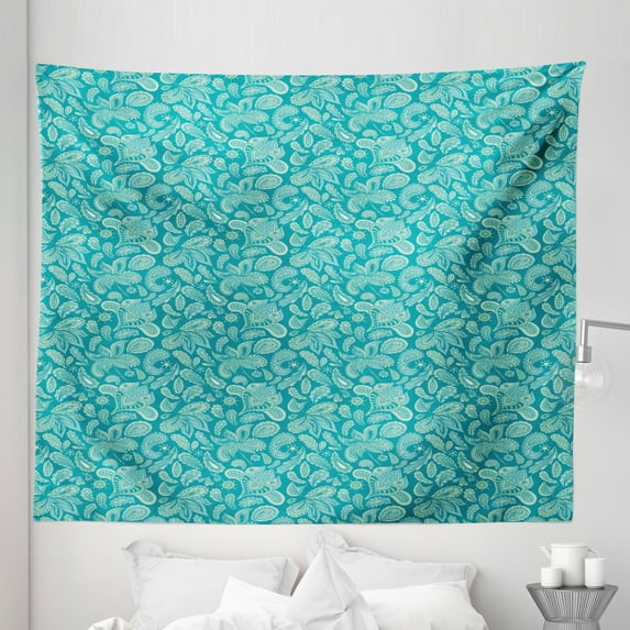 Ethnic Tapestry, Leaves Vintage Pastel Paisley Old Fashioned Historical Motifs in Blue Shades, Fabric Wall Hanging Decor for Bedroom Living Room Dorm, 5 Sizes, Turquoise Teal, by Ambesonne