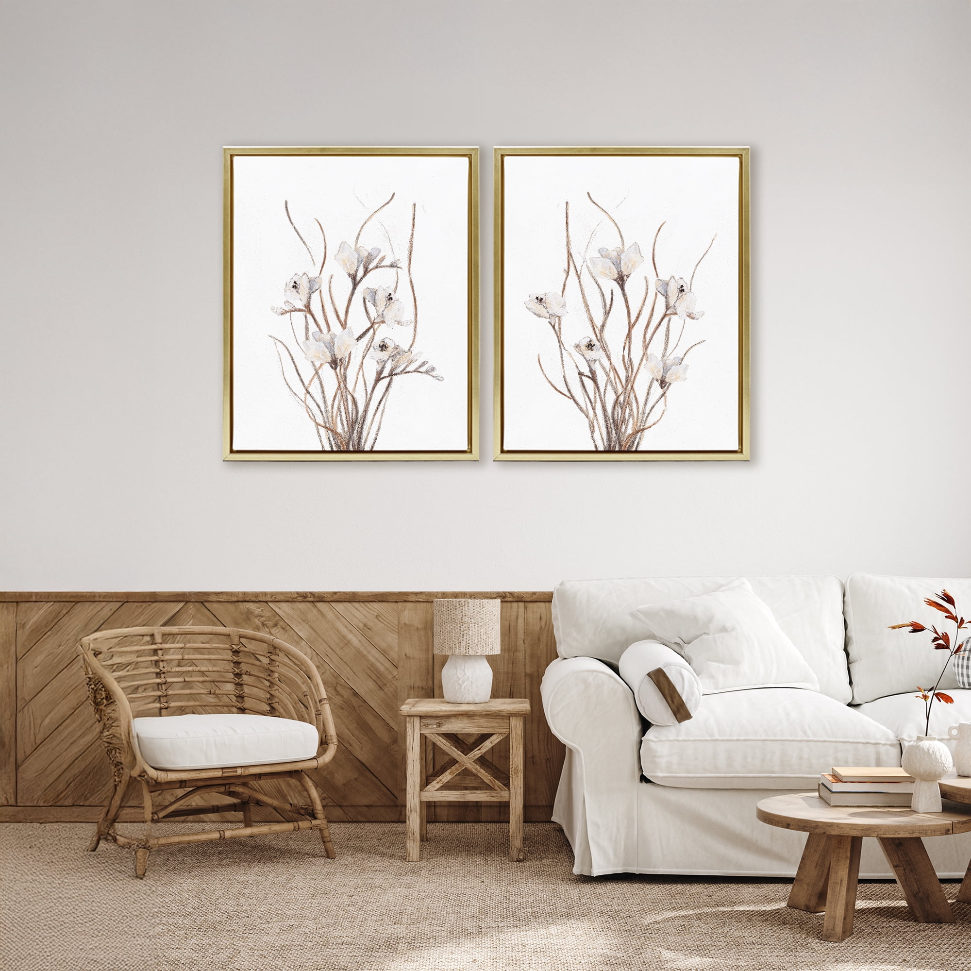 Stupell Industries Curly Branches Wildflowers 2 Piece Gold Framed Floater Canvas Set, design by Lanie Loreth