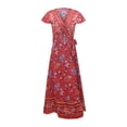 thumbnail image 4 of Vestidos de verano para mujer, vestido cruzado informal con estampado floral para vacaciones y viajes , S, Rojo, 4 of 9