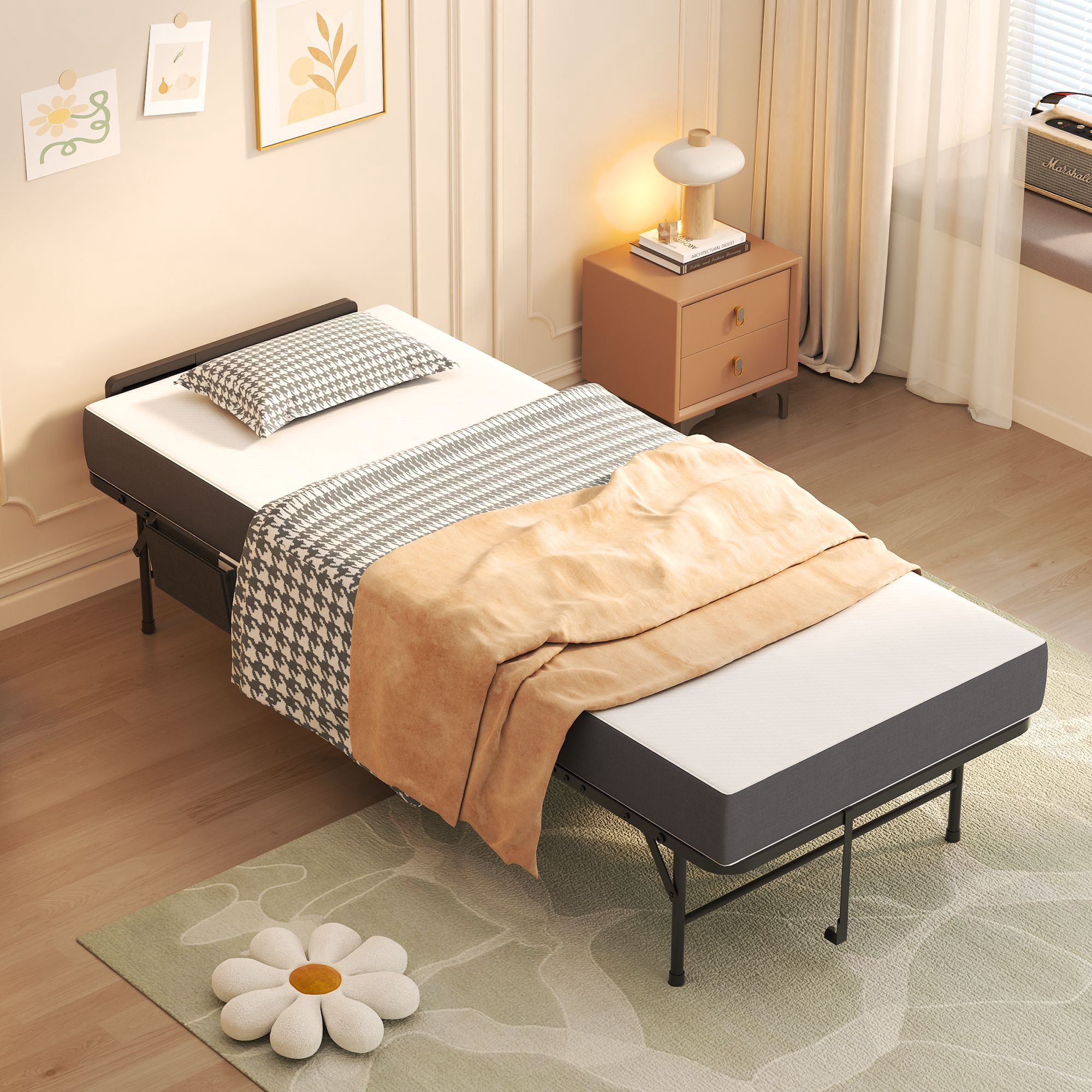 Folding Bed with Adjustable Headboard and 5 in Memory Foam Mattress, Space Saving Rollaway Guest Bed for Tall People, Portable Twin Cot on Wheels, Metal Frame, 75 in Length