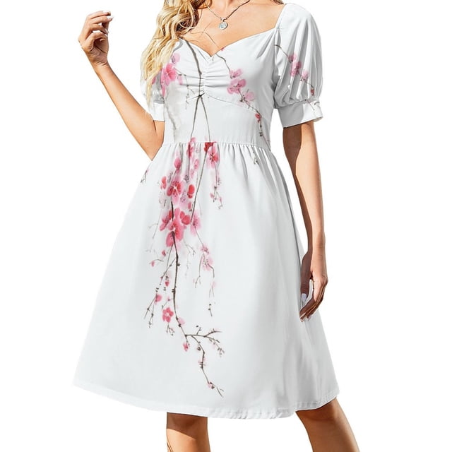 Zen Peinture sumi-e d'Une Branche de Cerisier avec Fleurs Roses Claires sur Robe d'Art Blanche Robes de Danse