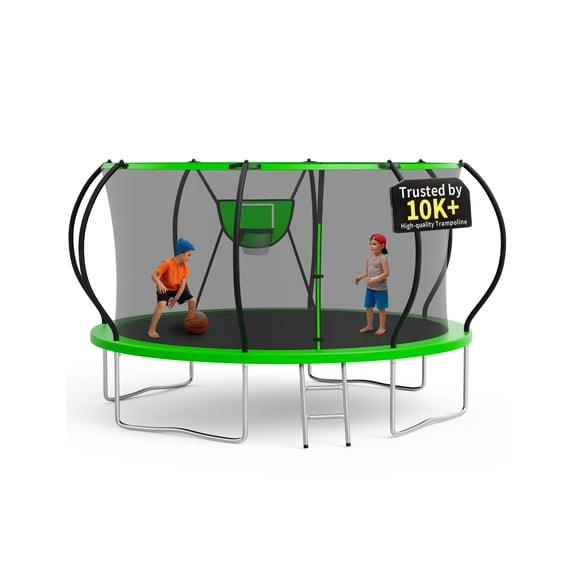 KOFUN 12FT Trampoline for Kids and Adults, Round Trampoline with Basketball Hoop and Ladder, Outdoor Backyard Trampoline with Enclosure Net, 1200LBS Capacity, Easy to Install, Green