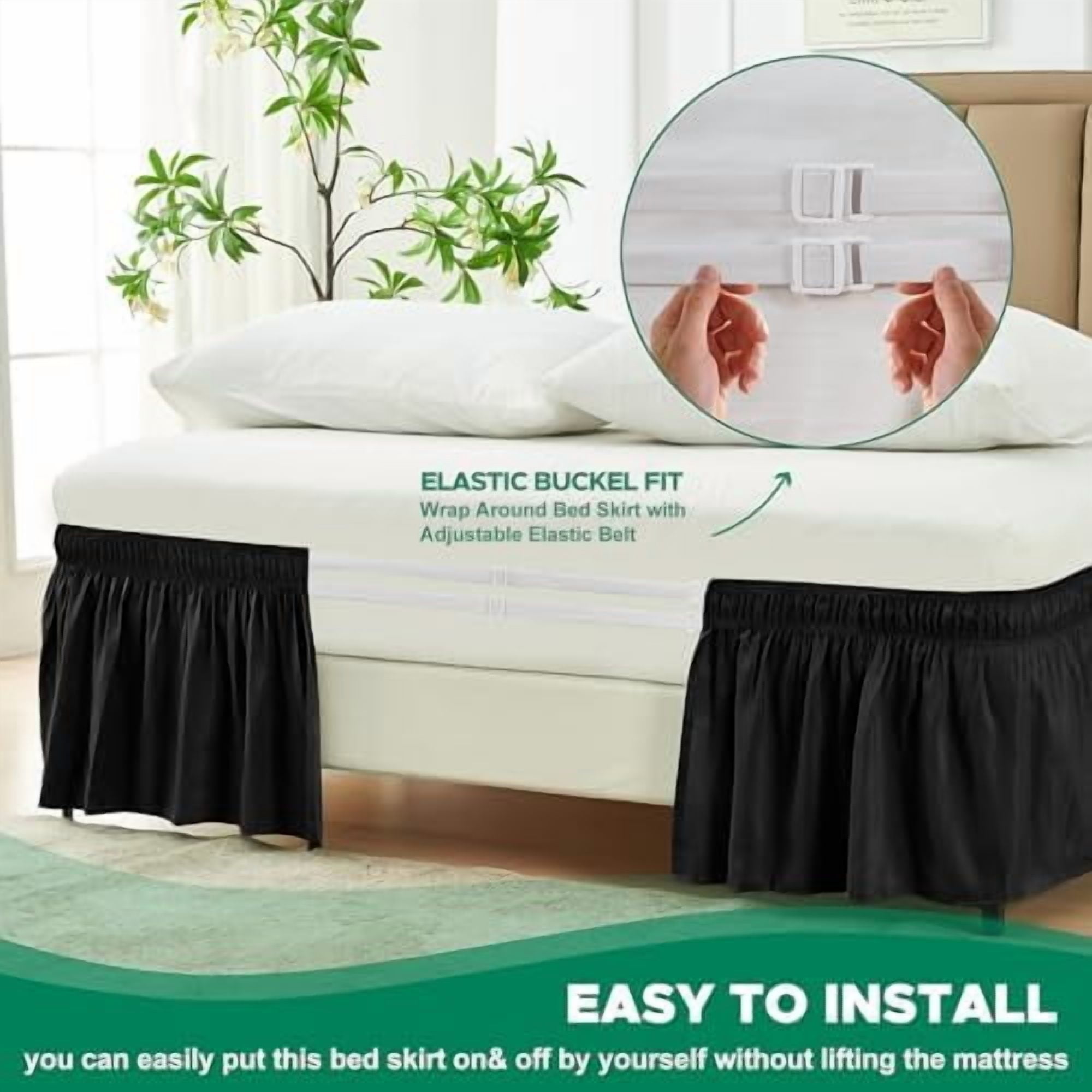 Wrap Around Bed Skirts for Queen Beds 17" Long Drop, Black Adjustable Elastic Dust Ruffles Easy Fit Wrinkle & Fade Resistant Silky Luxurious Fabric Solid Machine Washable