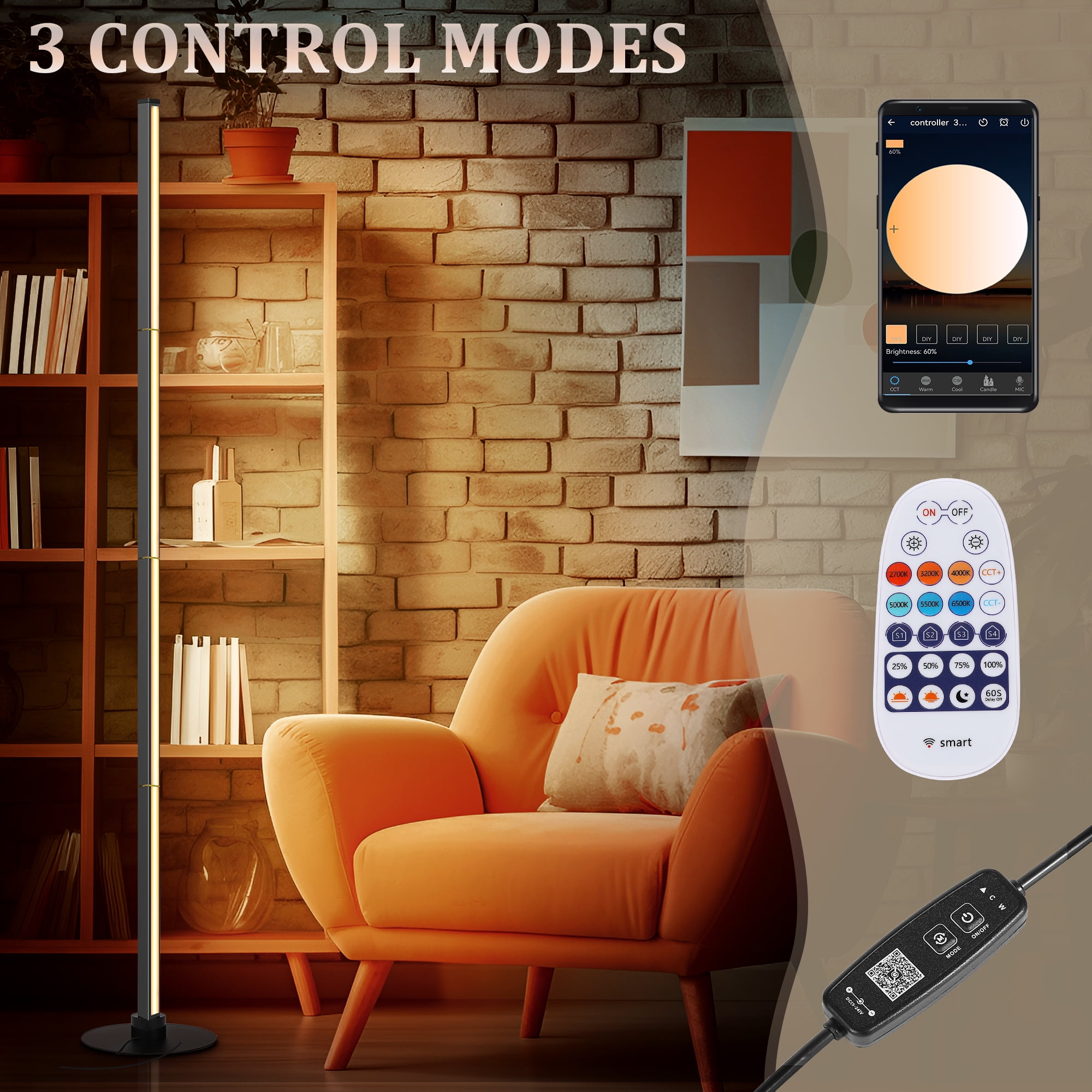 63" Floor Lamp,Modern Color Changing Standing Lamp, Stepless Dimmable Corner Lamp with APP & Remote Control for Living Room, Bedroom, Office