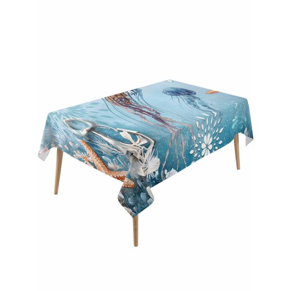 Blue Coastal Jellyfish Table Cloth, Summer Beach Starfish Botanical Waterproof Tablecloth for Rectangle Tables, Reusable Washable Fabric Table Cover for Restaurant Kitchen Dining Tables 60"x120"
