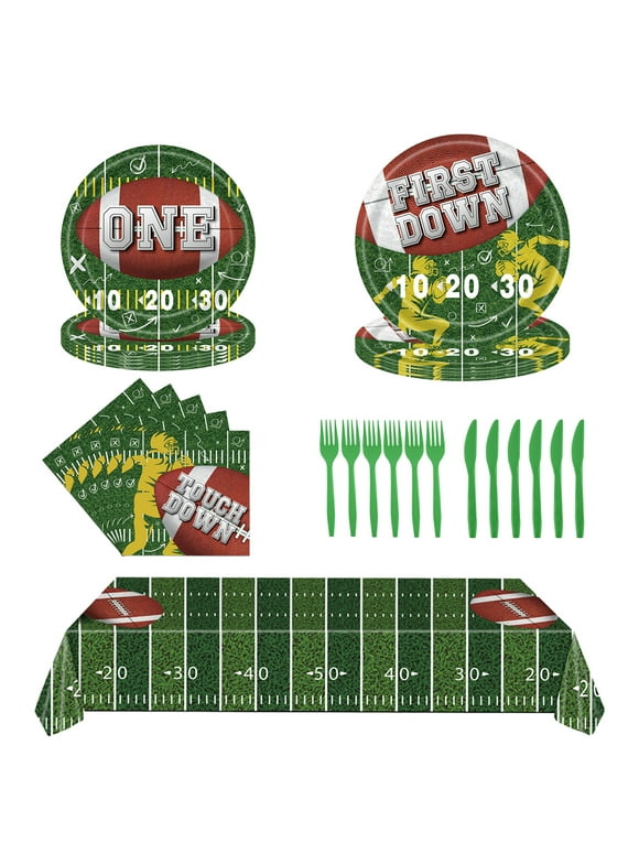 Football Birthday Decorations,Disposable Football Party Tableware Set - Paper Plates,Napkins,Plastic Forks Knives,Super Bowl Football Party Supplies,24 Guests
