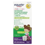 Equate Children's 24-Hour Dye-Free Cetirizine Hydrochloride Allergy Relief Oral Solution, 1 mg, Grape Flavor, Ages 2 Years and Older, 8 fl oz, Compare to Children's ZyrtecÂ® Active Ingredient