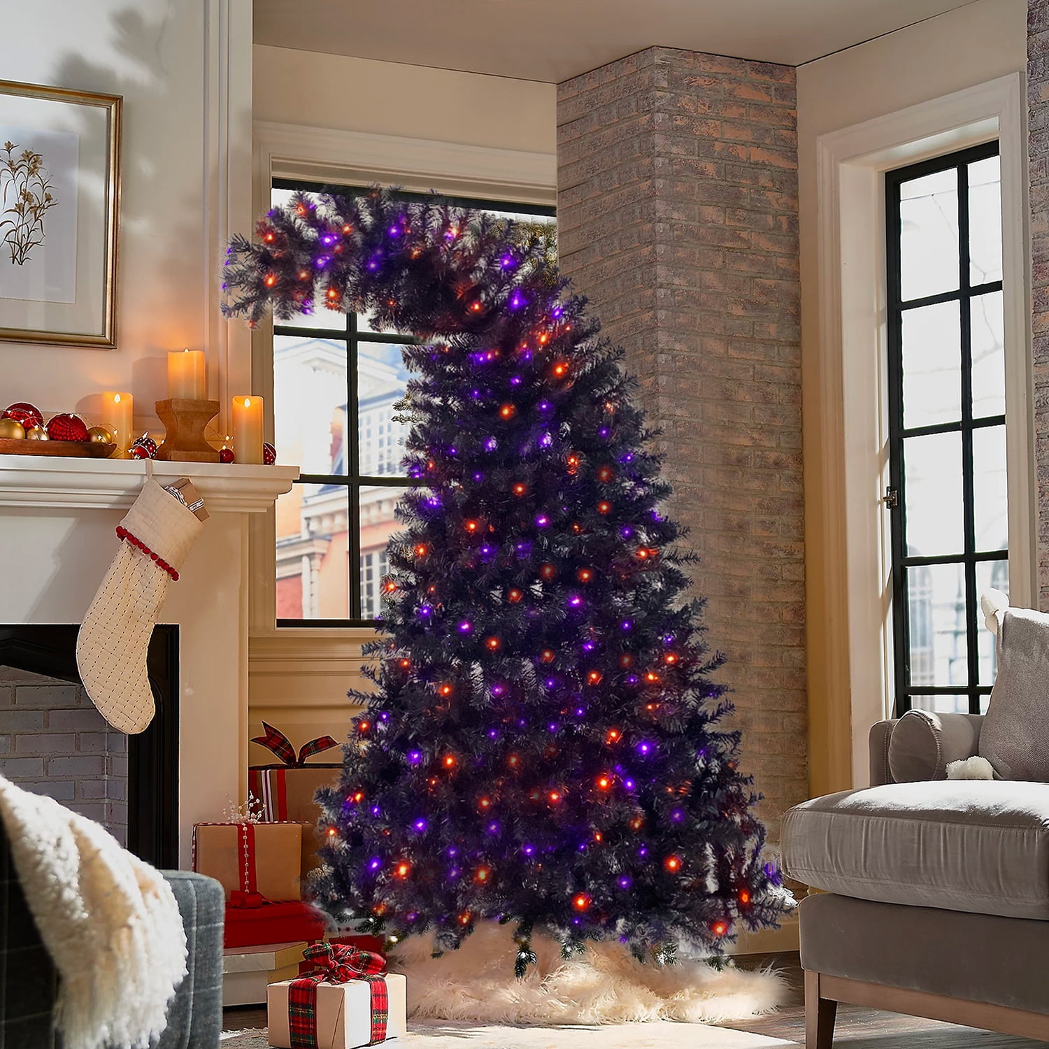 Kadyn 6ft Christmas Tree, Hinged Fraser Fir Artificial Fir Bent Top Christmas Tree, Pre-lit Slim Christmas Tree with LED Lights, Purple