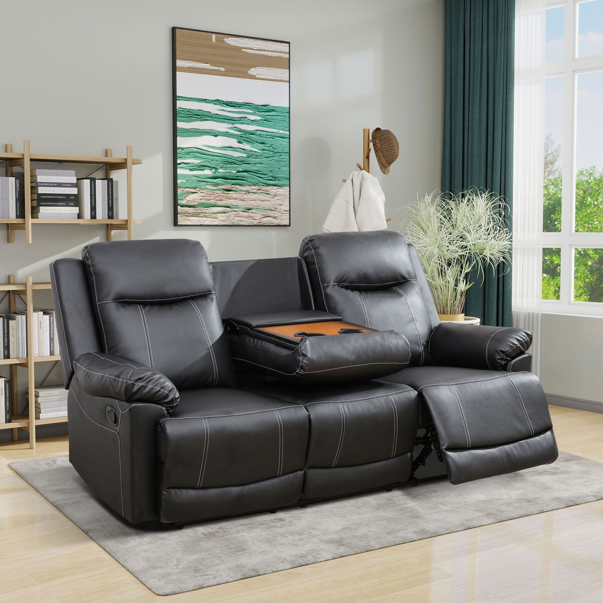 MAYEERTY 3-Seater Recliner Sofa, Breathable Semi PU Leather Recliner with Reversible Coffee Table for Family Living Room & Home Theater