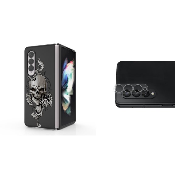 Accessory Bundle for Galaxy Z Fold 4: Slim Snap-On Case (Skull Flowers), Rear Camera Glass Protector