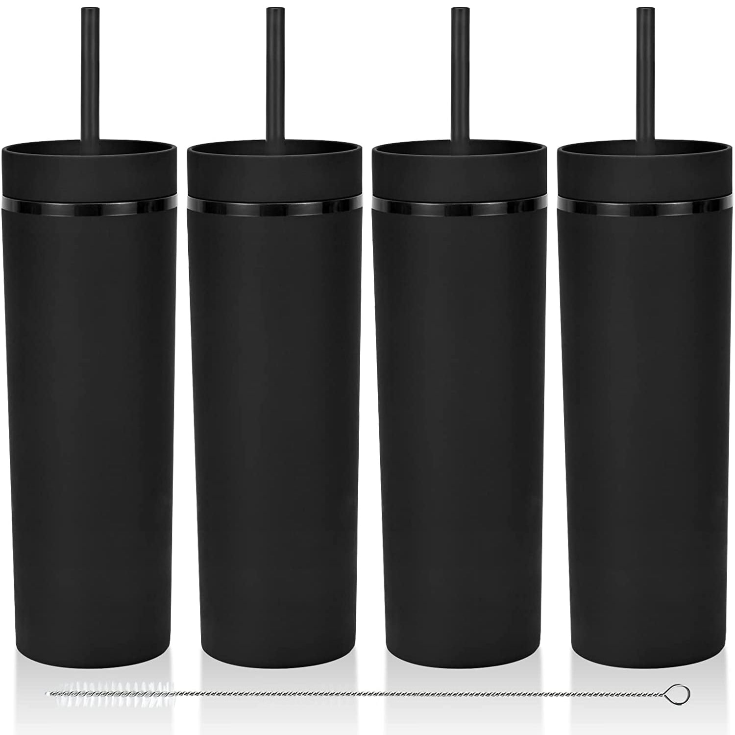 Modwnfy 16 fl oz Black Tumblers with Lids and Straws, Matte Acrylic Double Wall Plastic Tumblers