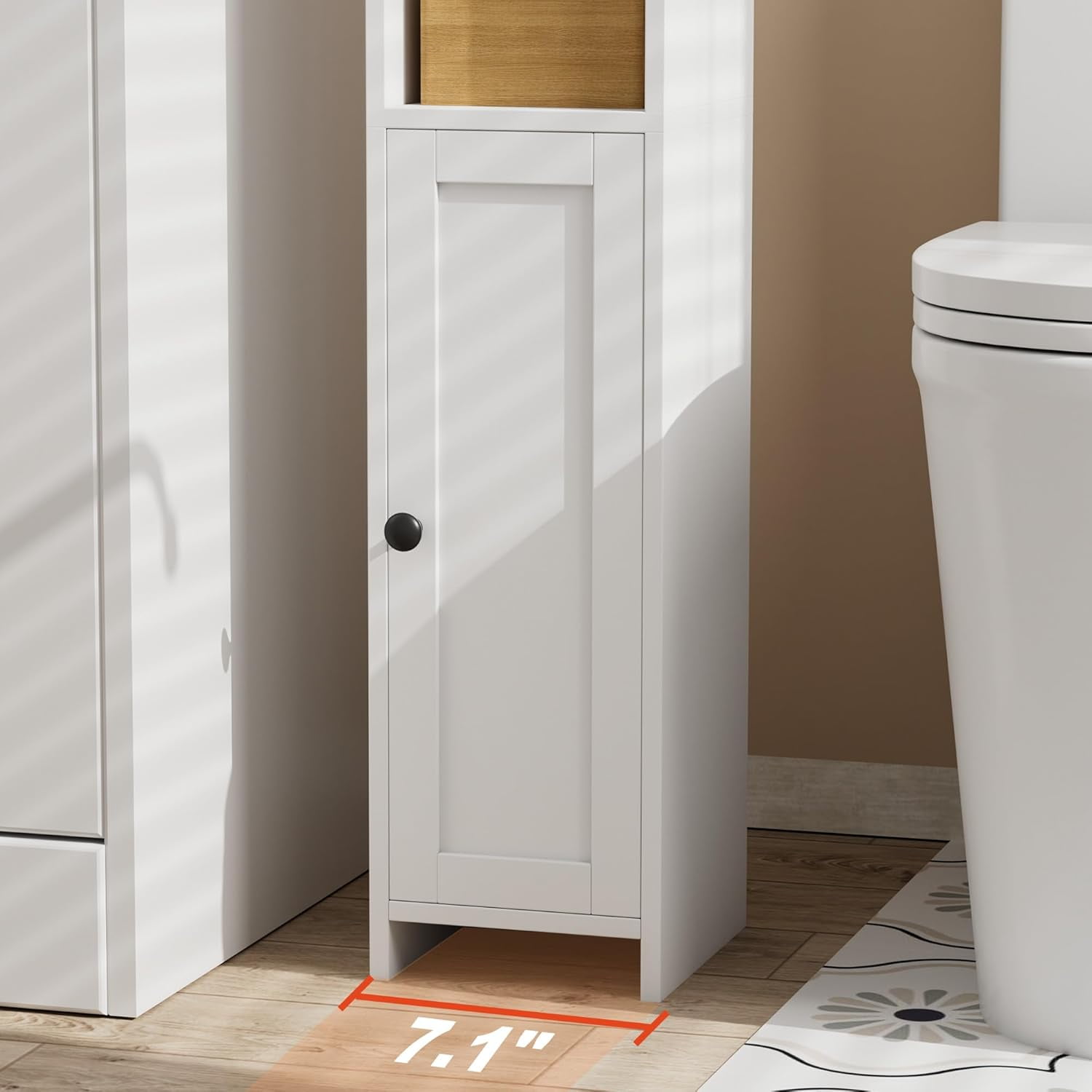 Small Bathroom Storage Corner Floor Cabinet with Door and Shelves, Beside The Toilet Paper Stand for Skinny, Narrow Toilet Paper Cabinet, 7.9" D x 7.1" W x 35.4" H, White