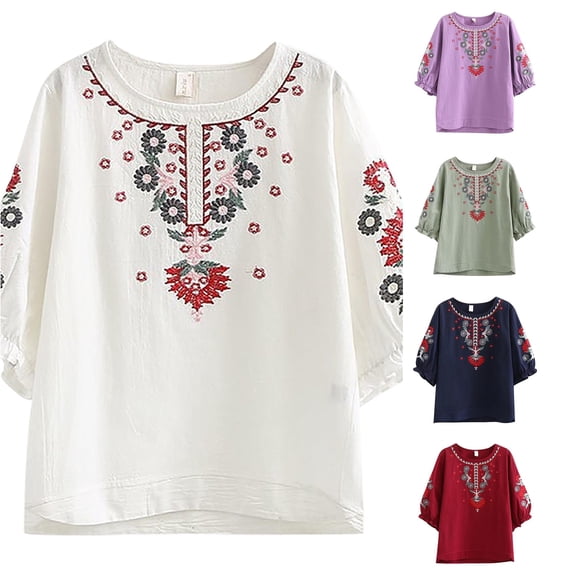 DHFJKG Boho Tops For Women Floral Embroidered T Shirt Half Sleeve Crew Neck Lightweight Loose Fit Casual Tee Beach Comfy Top