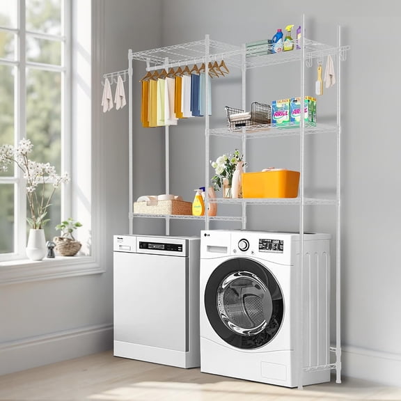 Over The Washer and Dryer Storage Shelf, 5 Tier Laundry Room Drying Rack with Hanger Rod and Hooks, Adjustable Over Washer and Dryer Shelves, Laundry Room Shelf Storage Space Saver, White
