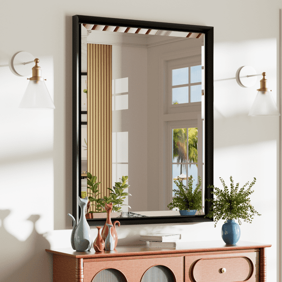 JSneijder Black Bathroom Mirror, 28x36 inch Framed Wall Mirror, Aluminum Alloy, Anti-Rust, Horizontal/Vertical