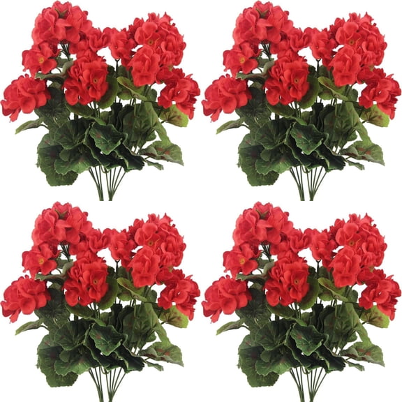4PCS Realistic Outdoor Artificial Fake Geraniums Silk Flowers Plants, UV Resistant, No Fade, Look Real Outside Faux Plastic Greenery Red Flowers for Garden Porch Patio Window Box Hanging Planter