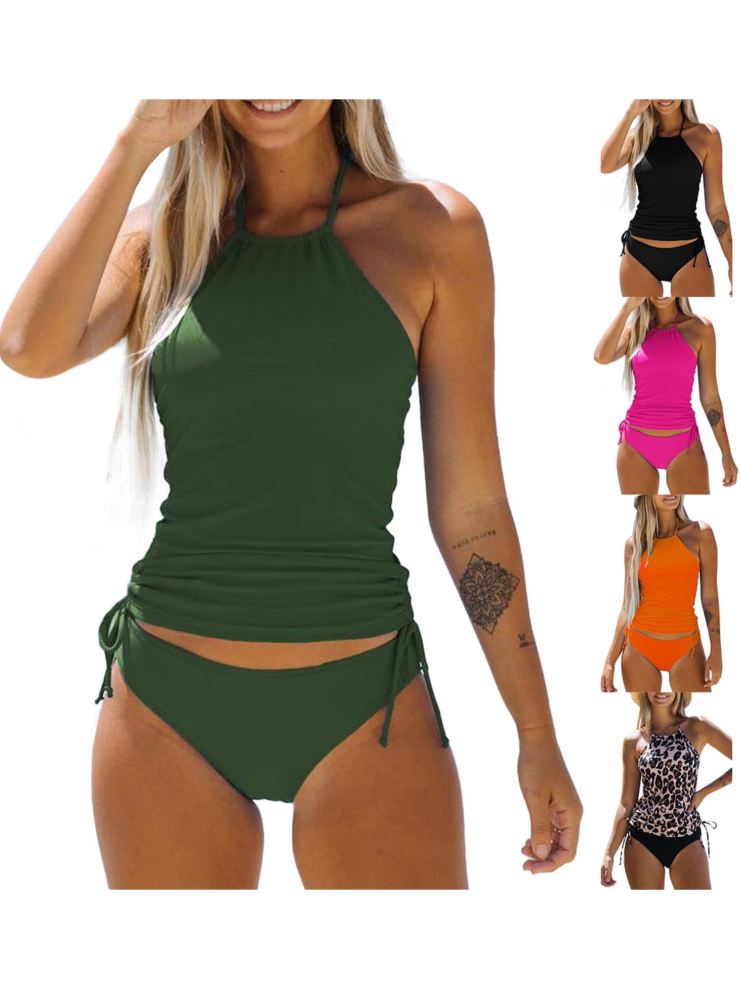 Cathery Two Piece Tankini Swimsuits for Women Tummy Control Bathing Suits Halter Swim Top with Shorts