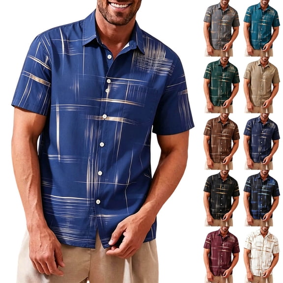 Kalauyu Button Down Shirts for Men Plaid Print Short Sleeve Shirts Casual Button-Up Blouse Summer Beach Outdoor Daily Wear Tops