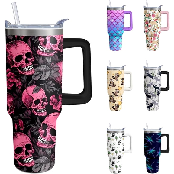40oz Skeleton Stainless Steel Tumbler with Handle and Straw, Gothic Pink Insulated Cup, Halloween Travel Coffee Mug Water Bottle with Lid and Straw, Skull Lovers Women Men Gifts
