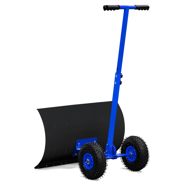 Adjustable Snow Plow with Inflatable Wheels, T-Handle Human-Powered Manual Snow Shovel for Driveways & Sidewalks, Iron Blade Snow Removal Tool, Blue & Black