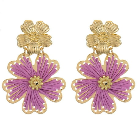 Time and Tru Womens Gold-Tone and Raffia Flower Statement Earrings, Blue
