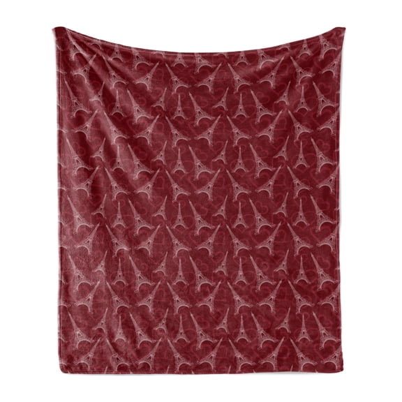 Eiffel Tower Soft Flannel Fleece Blanket, Romantic Pattern of Hearts and Famous Structures Randomly Arranged, Cozy Plush for Indoor and Outdoor Use, 70" x 90", Maroon Dried Rose Ruby, by Ambesonne