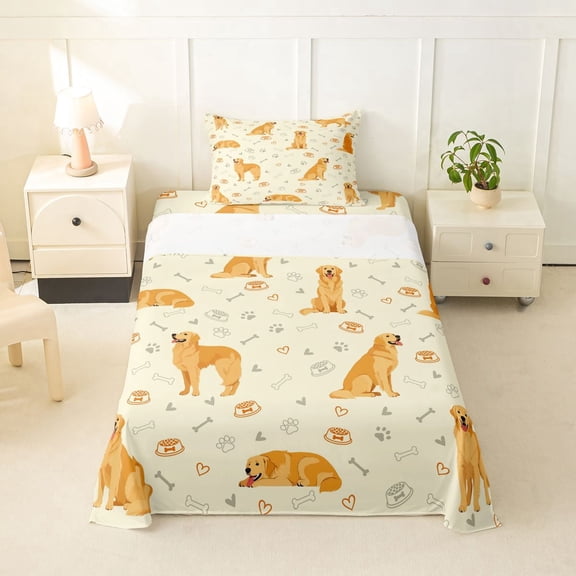 Homewish Golden Retriever Animal Twin Sheets,Dog Paws Bone Bedding,Yellow,3-Piece,1 Fitted Sheet and 1 Pillowcase