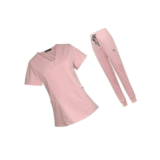 Guardoinrt Female Scrub Set Nurse v neckline Short Suit Washable Machine Sleeves Pink L 1Set