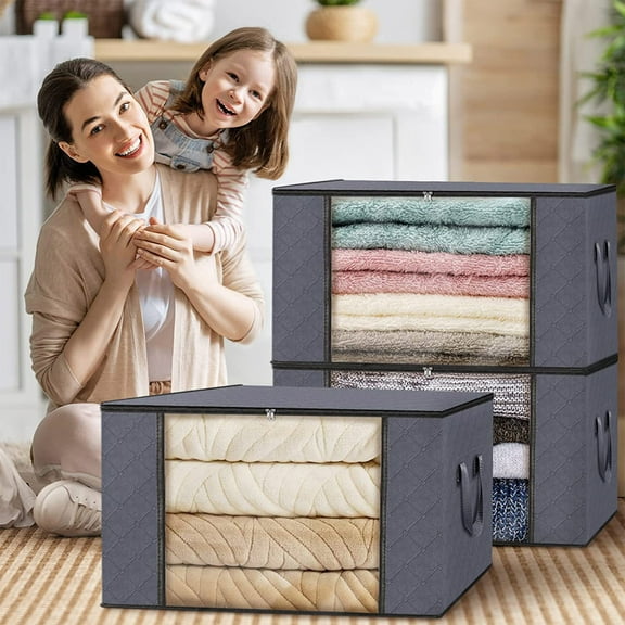 AZXY Blanket Storage Containers,Storage Bags for Clothes with Zipper,Closet Organizer Bins Fabric Folding,Stackable Blanket Containers for Large Blankets Quilt