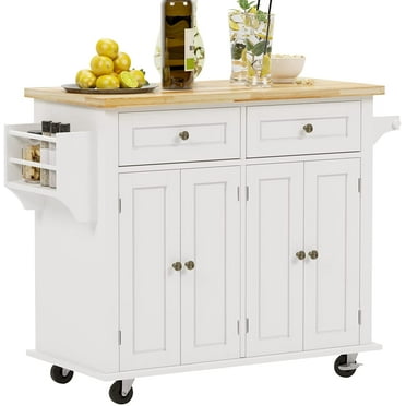 Soges 35" Kitchen Island Rolling Island Cart with Lockable Casters, Brown Wood Top Storage Trolley Cart White