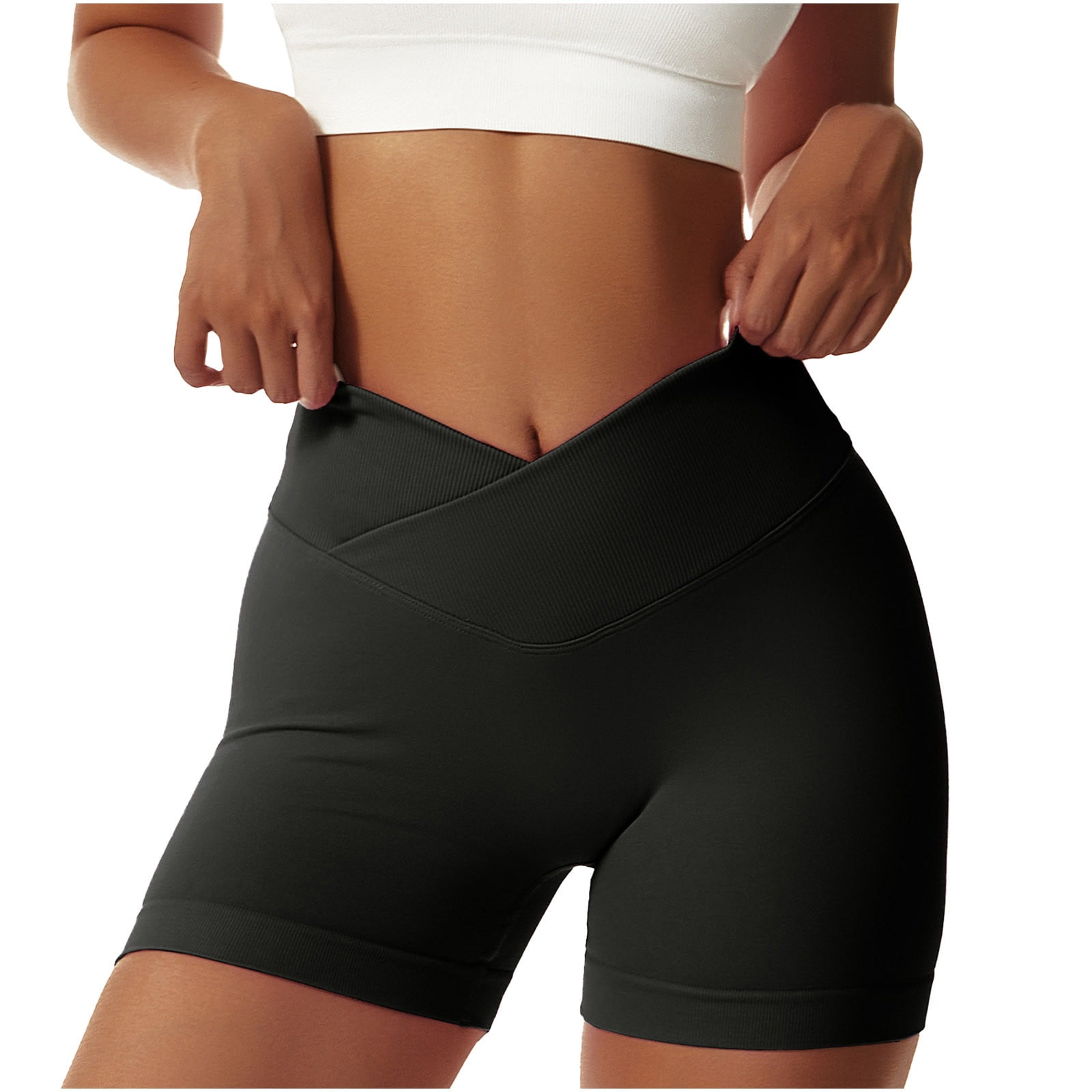 YYDGH Women's Crossover Biker Shorts Workout High Waisted Yoga Athletic  Running Gym Spandex Shorts with Side Pockets Black M