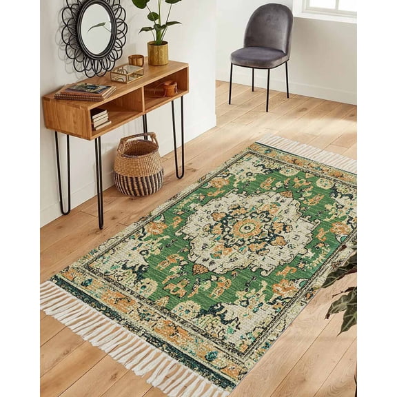 Green Boho Washable Area Rug 3'x5', Farmhouse Tribal Vintage Tribal Texture Woven Cotton Tassels Kitchen Rugs, Non Slip Indoor Door Mat Throw Carpet for Entryway Living Room Nursery Laundry Room