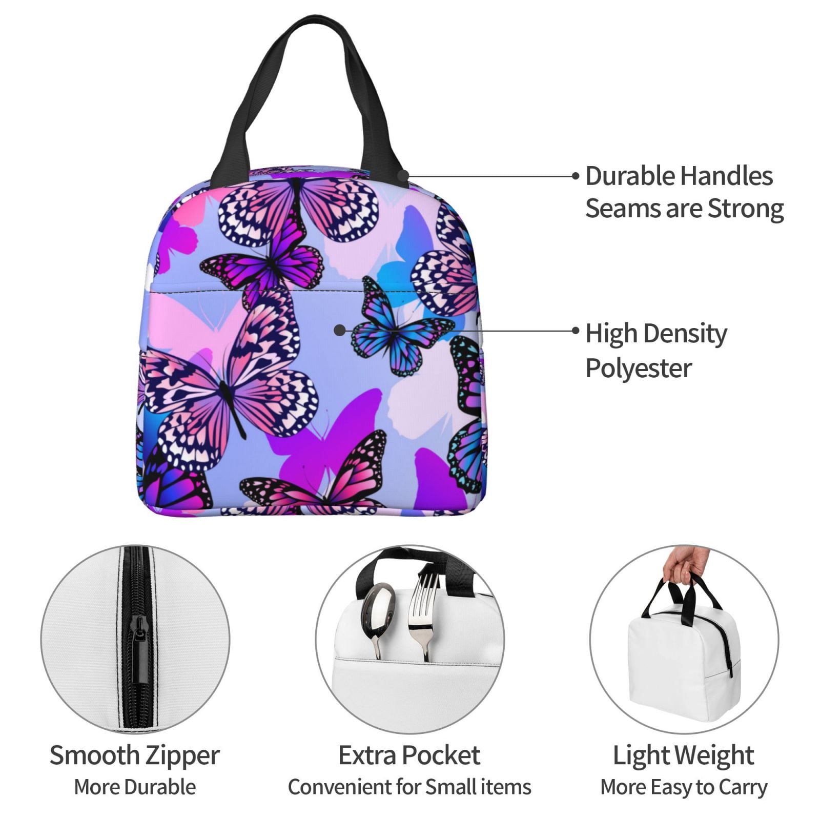 Defioc Flying Butterflies Print Lunch Box,Lunch Bag for Women Men Reusable Insulated Lunch Tote for Work/Office/Picnic/Travel