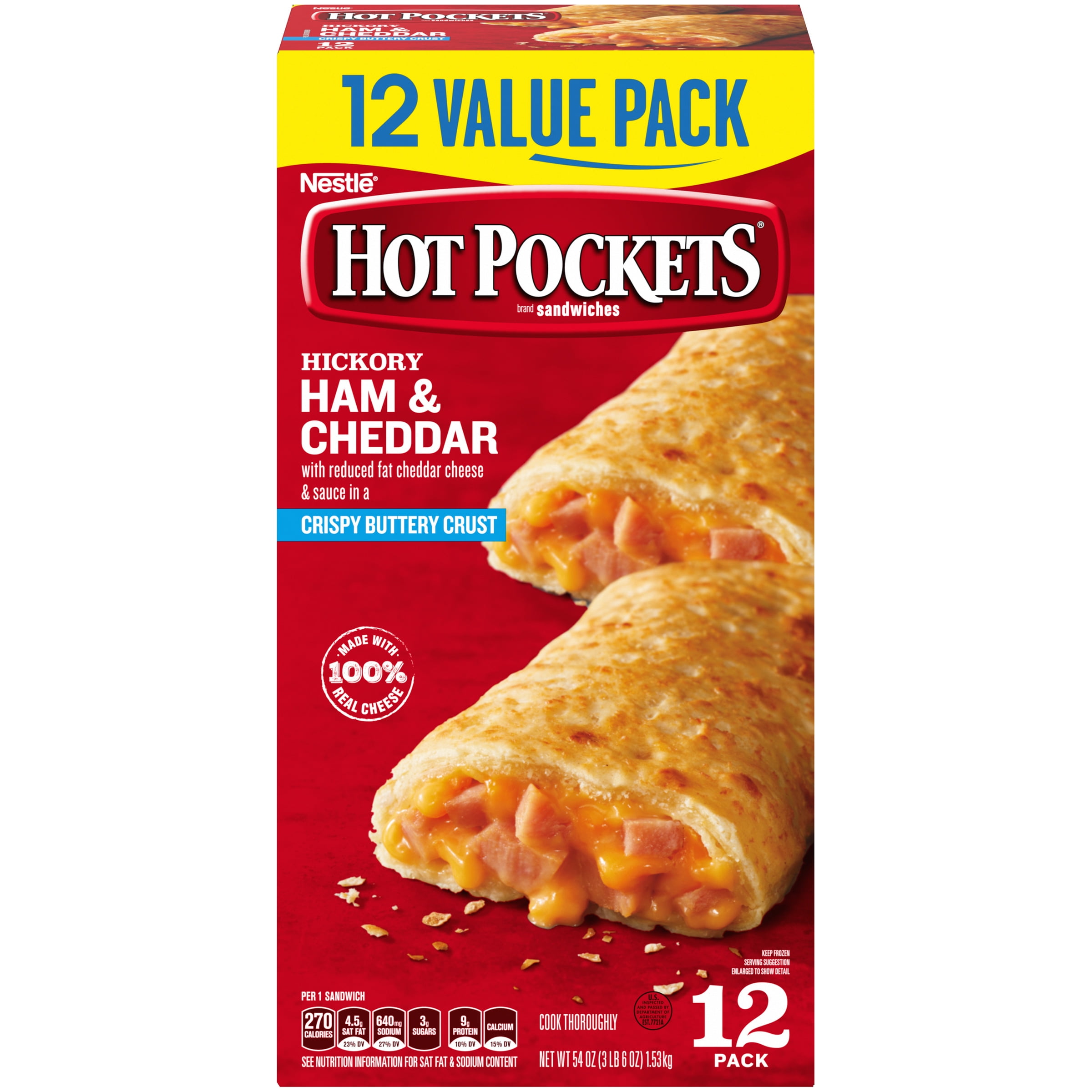 HOT POCKETS Hickory Ham & Cheddar Frozen Sandwiches 12 ct. Box Frozen Food With Cheddar Cheese