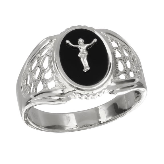 Rhodium Plated 925 Sterling Silver Black Oval Body of Christ Ring Jewelry Female Male Unisex Size 11