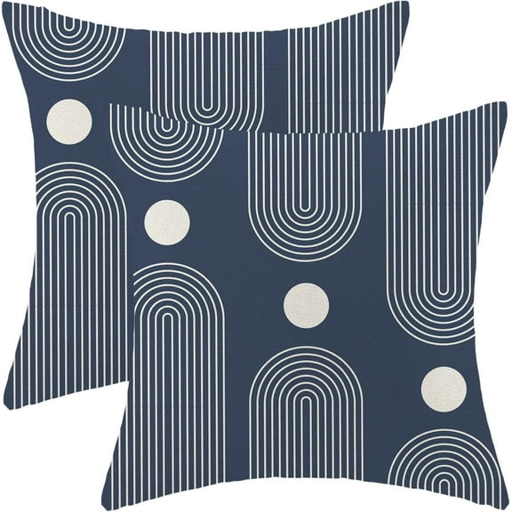 Boho Mid Century Pillow Covers 18x18 Inch Set of 2, Abstract Simple Navy Blue Decorative Throw Pillowcase Boho Modern Outdoor Farmhouse Cushion Cover for Sofa Couch Bed Living Room Decor