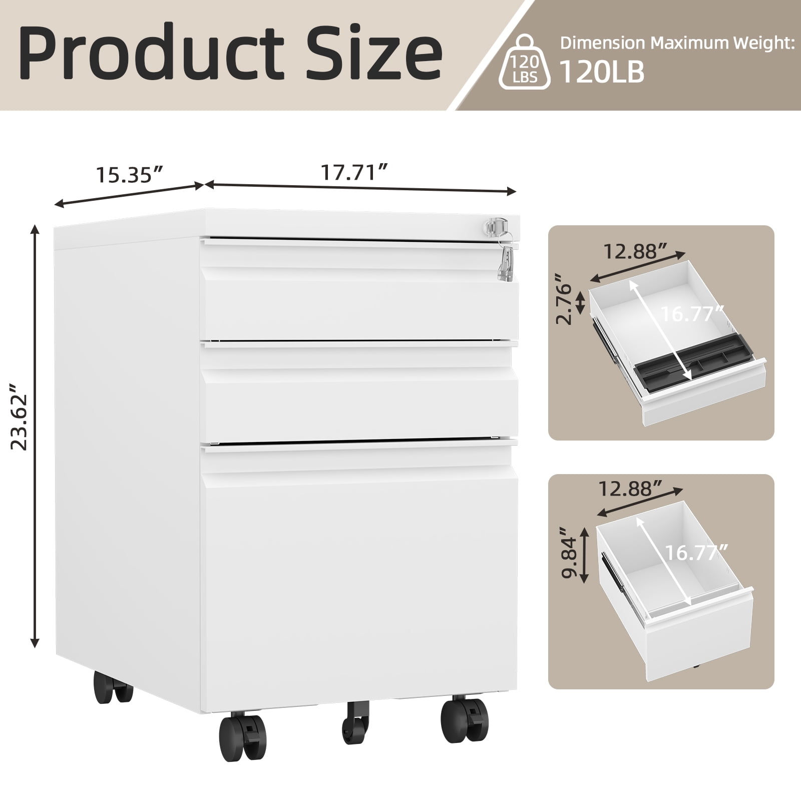Marcree Filing Cabinets, Mobile File Cabinet with Lock for Home Office, 3 Drawer Filing Cabinet for A4/Letter/Legal Size Folder, Metal Vertical White Filing Cabnet on Wheels, Fully Assembled