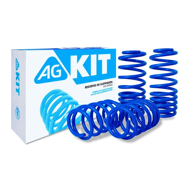 resortes ag kit para auto para volkswagen beetle 2010 a 2019 4 piezas nuevos — juego de cuatro resortes deportivos azules frente a caja blanca y azul con logo AG KIT; muelles helicoidales de acero con recubrimiento azul, dos altos y dos cortos visibles; diseñados para reducir la altura 4–5 centímetros según especificaciones y mejorar la estabilidad en curvas; compatibles con modelos Volkswagen Beetle 2010–2019; también suelen usarse para pruebas de ajuste en talleres de suspensión.