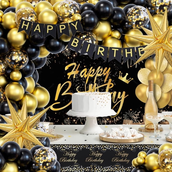 Black and Gold Birthday Decorations for Men Women, 71pcs Black and Gold Party Decorations with Backdrop, Tablecloth, Gold Foil Balloons, Banner, Balloon Arch for Birthday Party Decorations