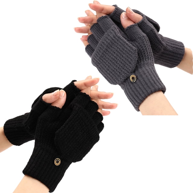 Guantes de invierno para mujer, 2 guantes sin dedos convertibles de punto cálidos para mujer, regalos con gorro protector para manoplas