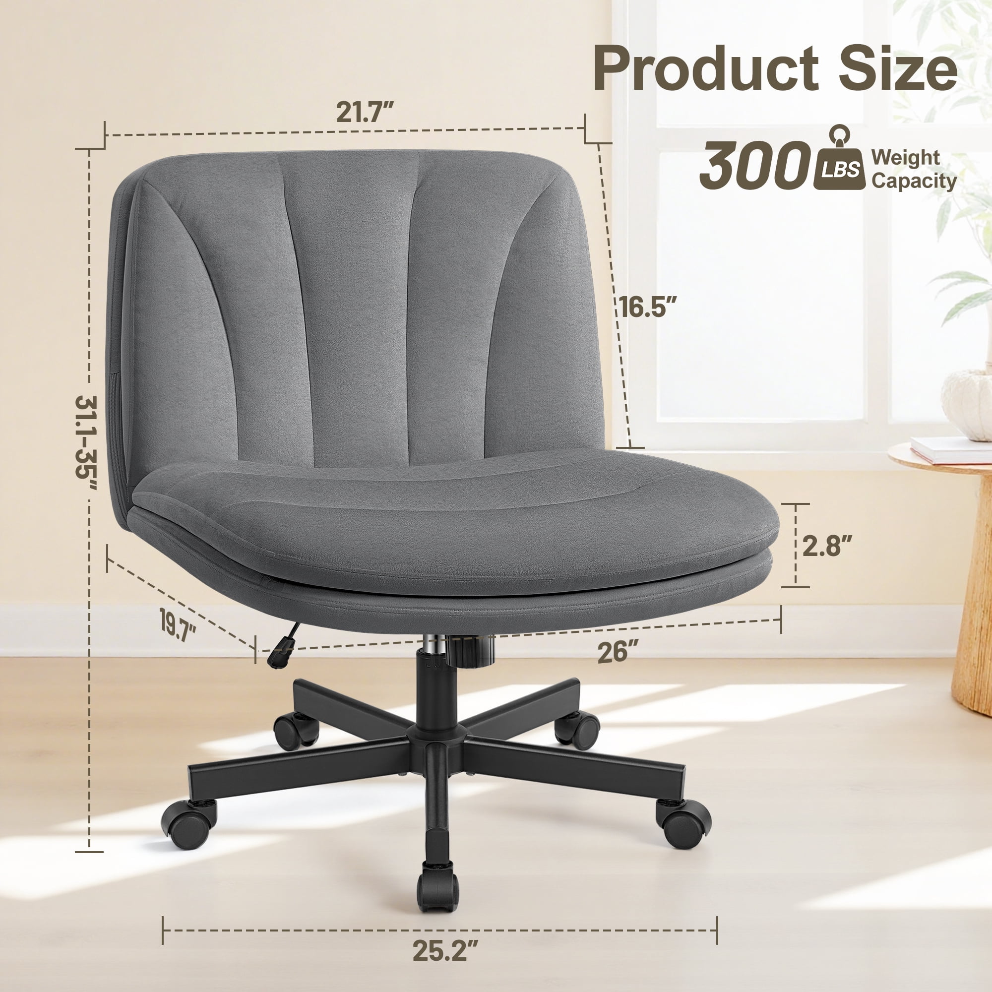 ATHOPE Criss Cross Chair with Wheels, 26"W Cross Legged Office Chair, Armless Vanity Desk Chair with 2 Layer Back & Seat, Swivel Height Ajustable for Home Office Bedroom, Gray Velvet